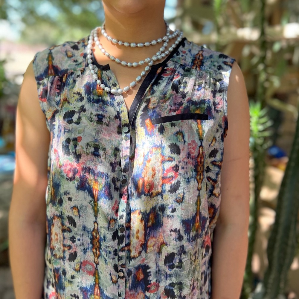 waverly grey liberant 100% silk blouse women’s sz 8 abstract multi blue NWT